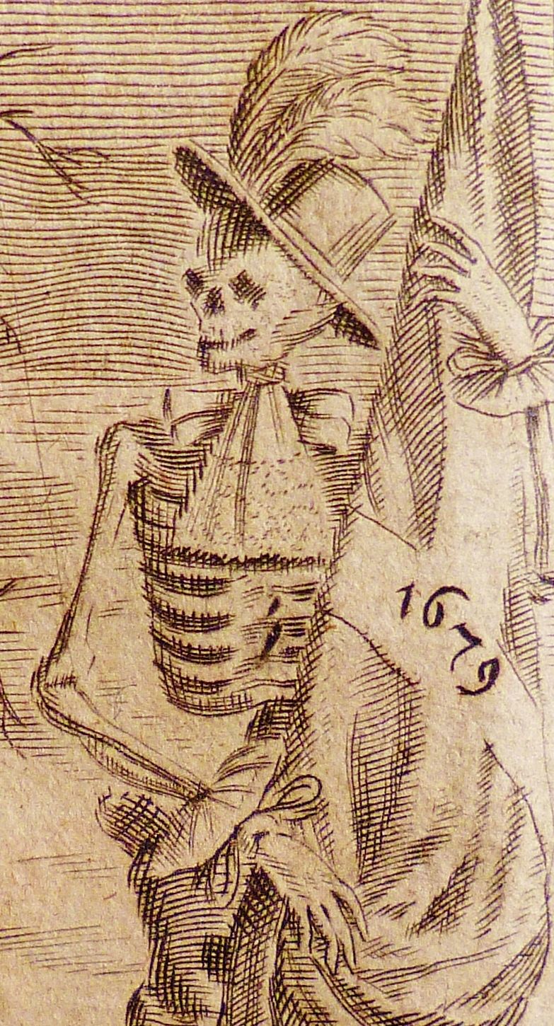 Bild 9 - Gevatter Tod mit Anstösslein. Kupferstich aus Abraham a Santa Clara: Mercks Wienn, Frankfurt a.M. 1680.